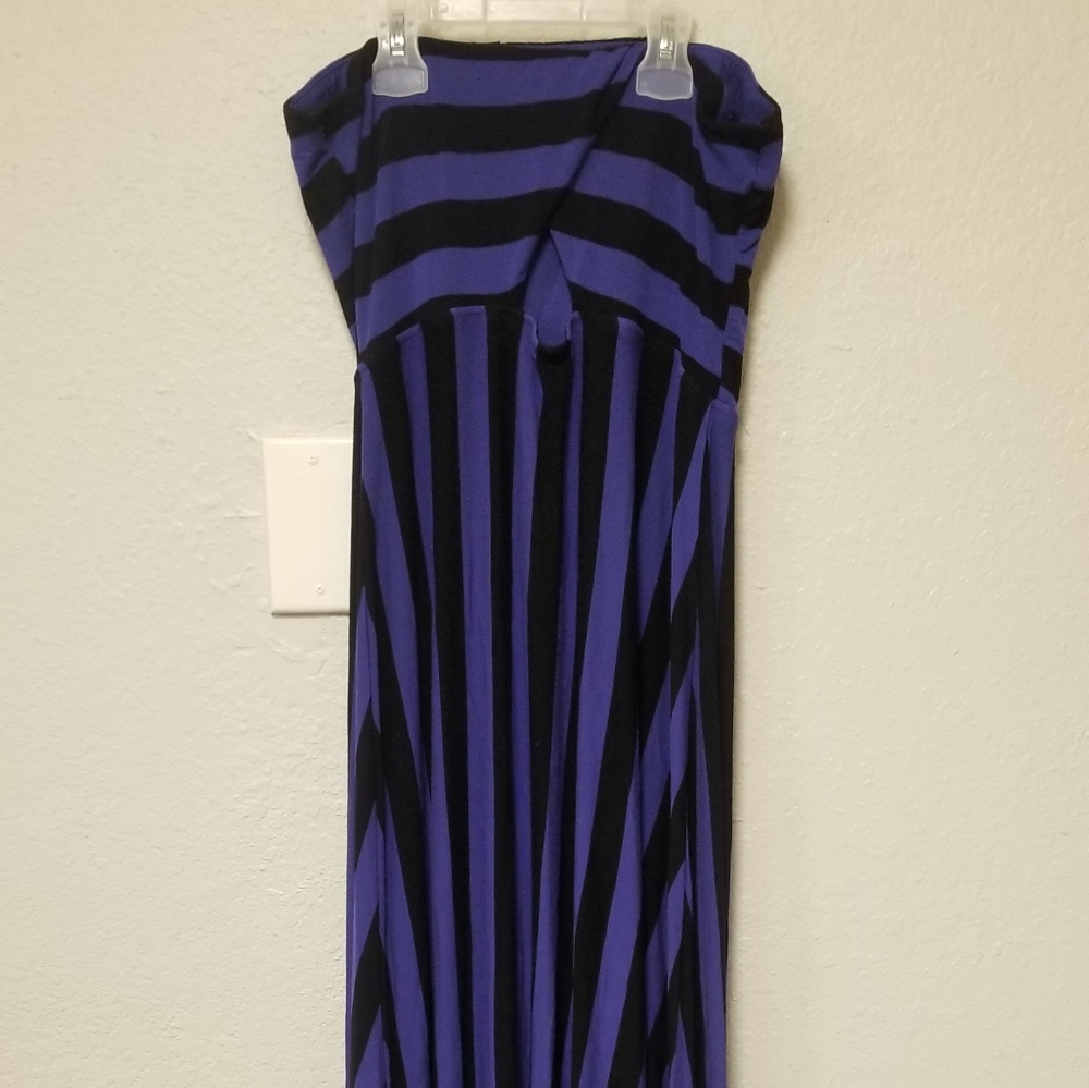 Black and Blue Striped Strapless Maxi Dress - Picture 2 of 5